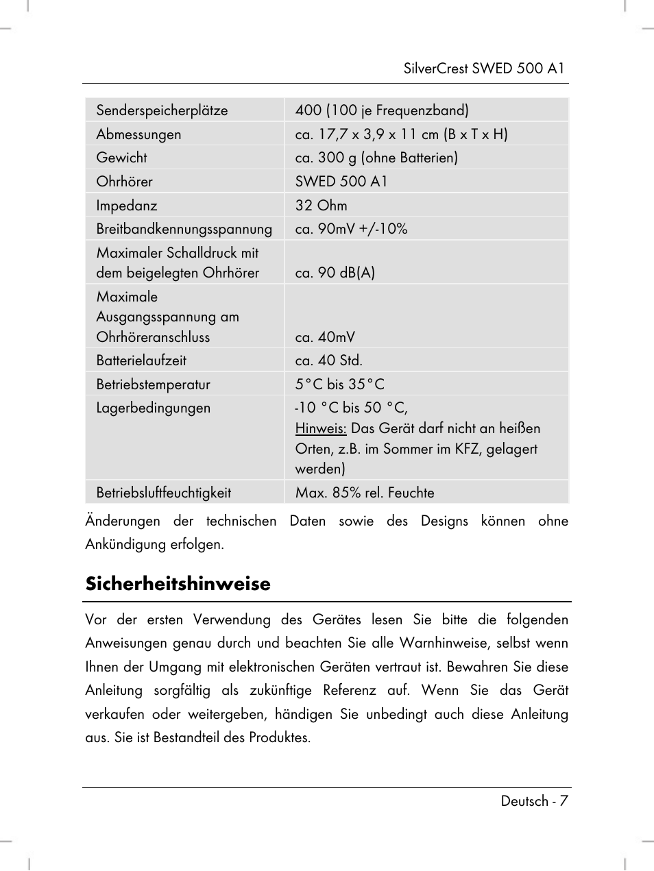 Sicherheitshinweise | Silvercrest SWED 500 A1 User Manual | Page 9 / 160