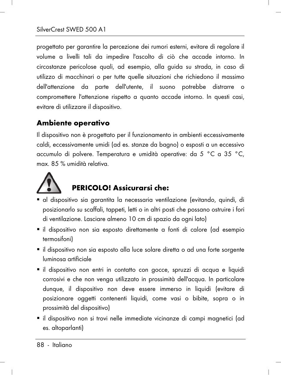 Ambiente operativo, Pericolo! assicurarsi che | Silvercrest SWED 500 A1 User Manual | Page 90 / 160