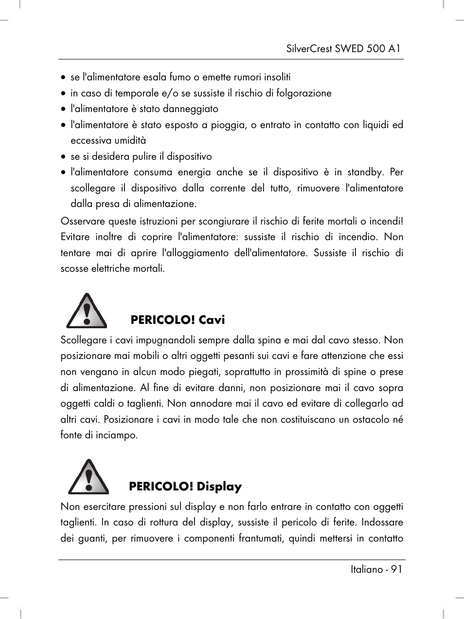 Pericolo! cavi, Pericolo! display | Silvercrest SWED 500 A1 User Manual | Page 93 / 160