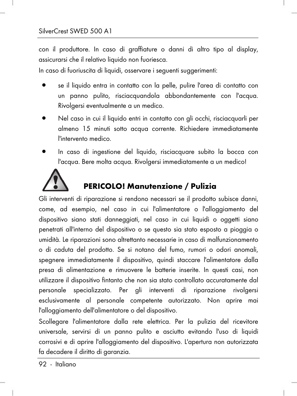 Pericolo! manutenzione / pulizia | Silvercrest SWED 500 A1 User Manual | Page 94 / 160