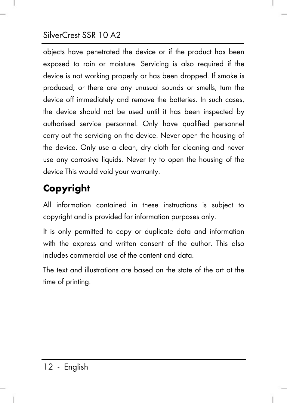 Copyright | Silvercrest SSR 10 A2 User Manual | Page 14 / 52