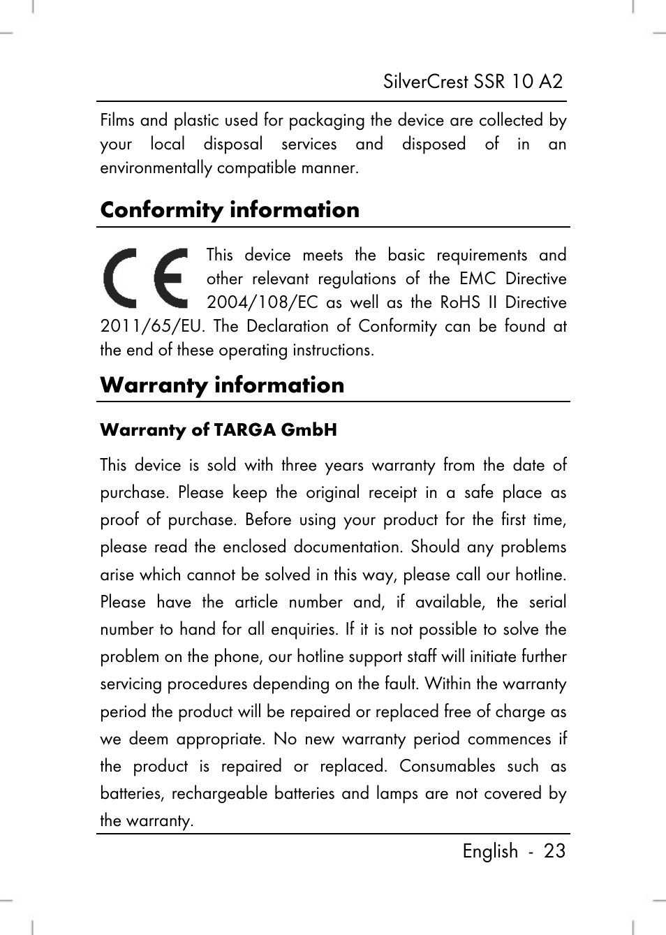 Conformity information, Warranty information | Silvercrest SSR 10 A2 User Manual | Page 25 / 52