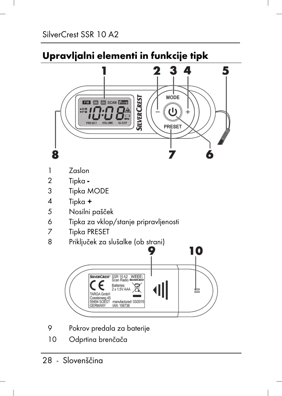 Upravljalni elementi in funkcije tipk | Silvercrest SSR 10 A2 User Manual | Page 30 / 52