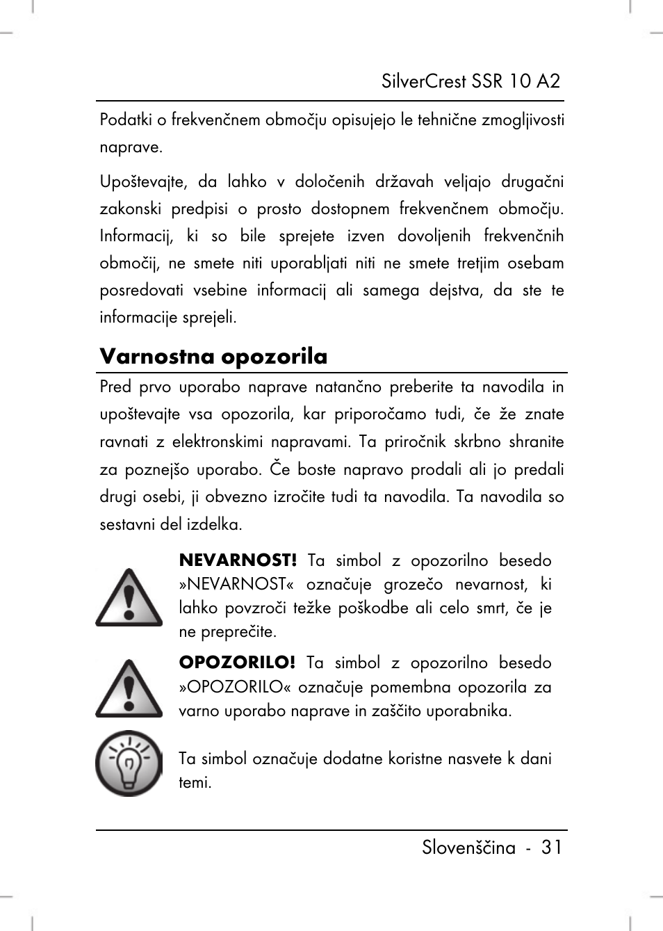 Varnostna opozorila | Silvercrest SSR 10 A2 User Manual | Page 33 / 52