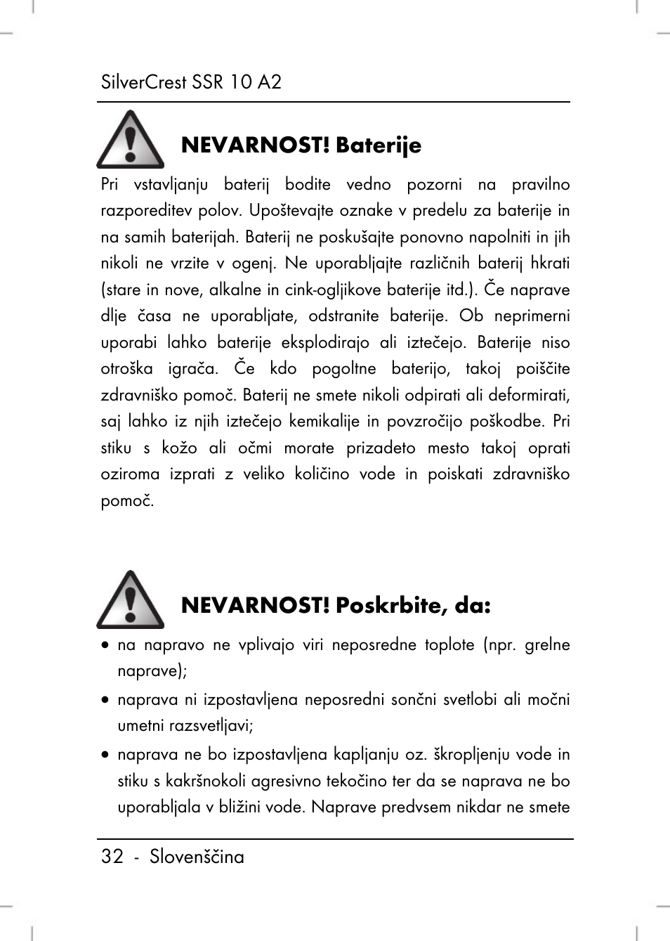 Nevarnost, Baterije, Poskrbite, da | Silvercrest SSR 10 A2 User Manual | Page 34 / 52