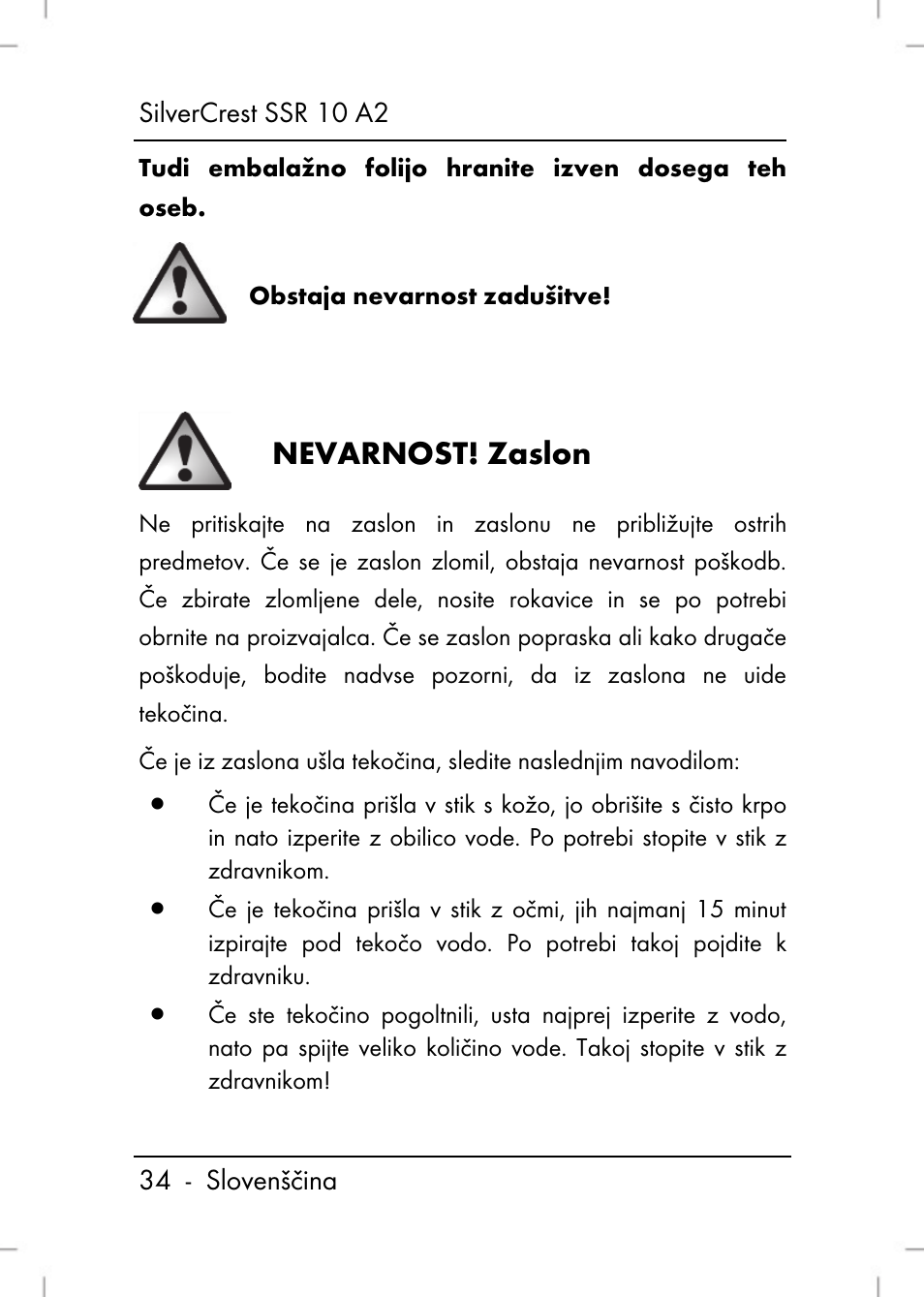 Nevarnost, Zaslon | Silvercrest SSR 10 A2 User Manual | Page 36 / 52