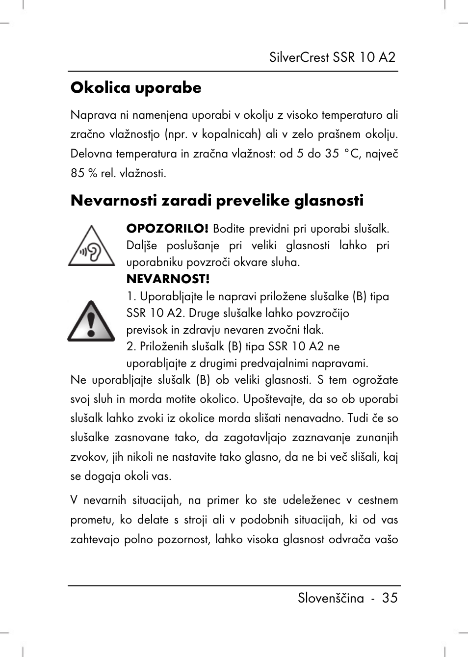 Okolica uporabe, Nevarnosti zaradi prevelike glasnosti | Silvercrest SSR 10 A2 User Manual | Page 37 / 52