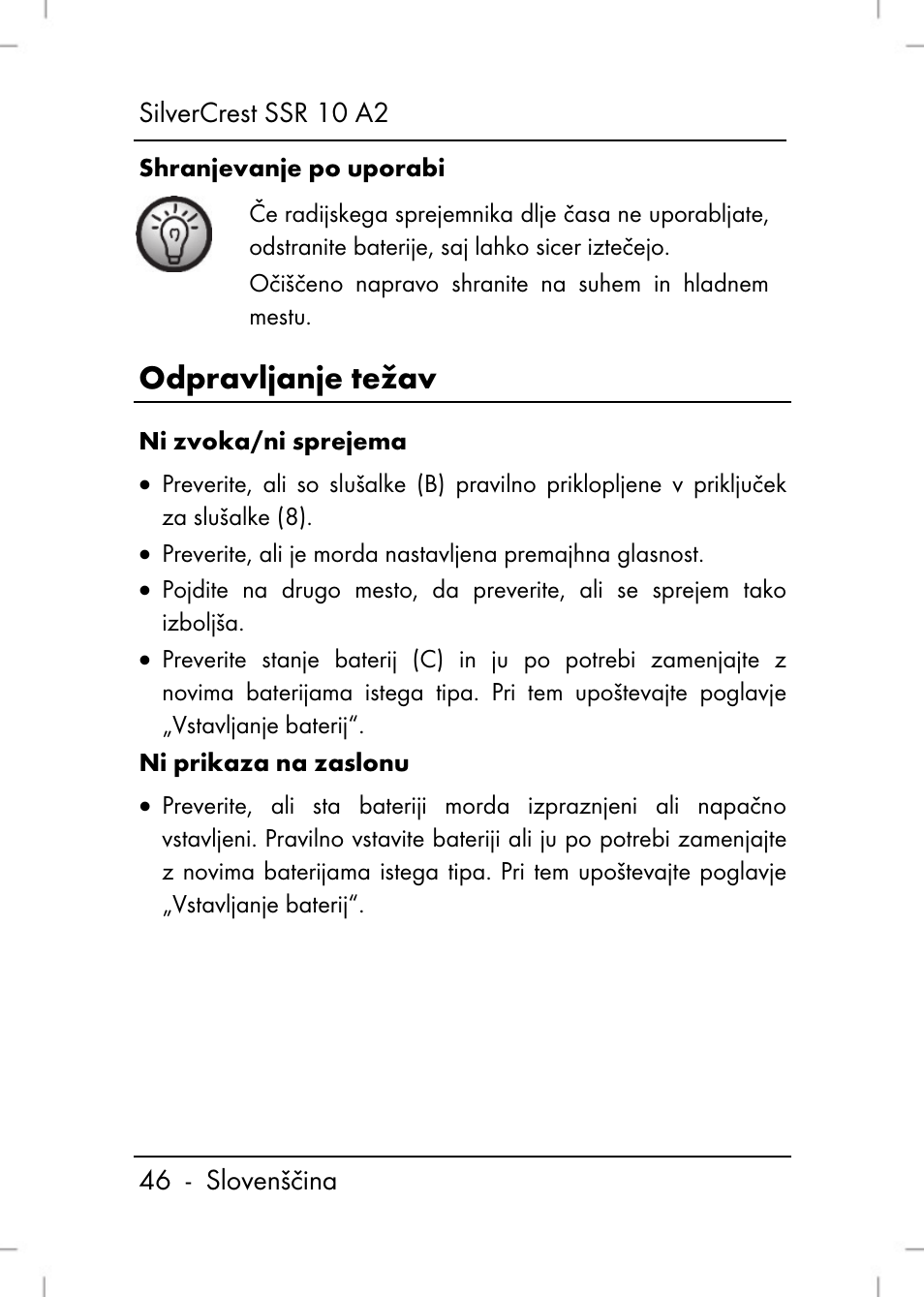 Odpravljanje težav | Silvercrest SSR 10 A2 User Manual | Page 48 / 52