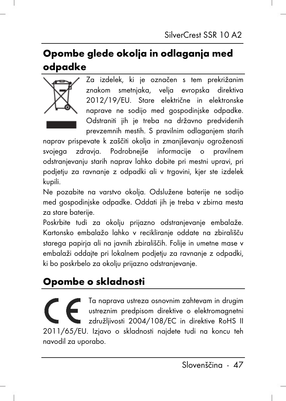 Opombe glede okolja in odlaganja med odpadke, Opombe o skladnosti | Silvercrest SSR 10 A2 User Manual | Page 49 / 52