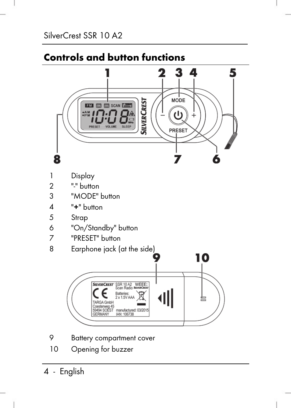 Controls and button functions | Silvercrest SSR 10 A2 User Manual | Page 6 / 52