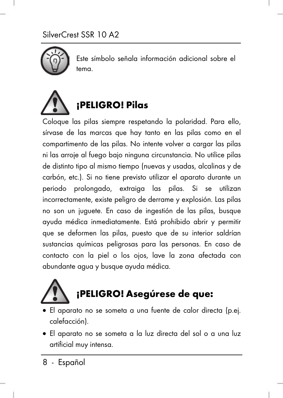 Peligro, Pilas, Asegúrese de que | Silvercrest SSR 10 A2 User Manual | Page 10 / 80
