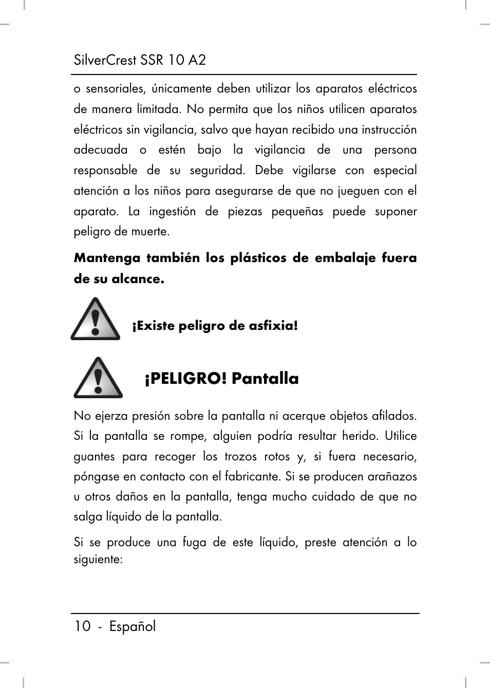 Peligro, Pantalla | Silvercrest SSR 10 A2 User Manual | Page 12 / 80