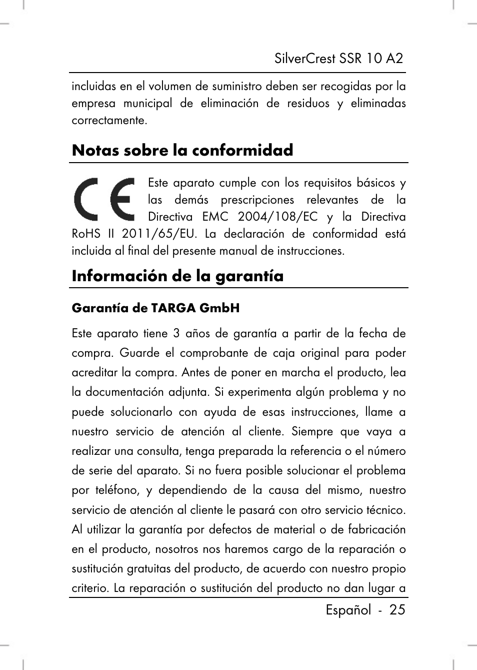Notas sobre la conformidad, Información de la garantía | Silvercrest SSR 10 A2 User Manual | Page 27 / 80