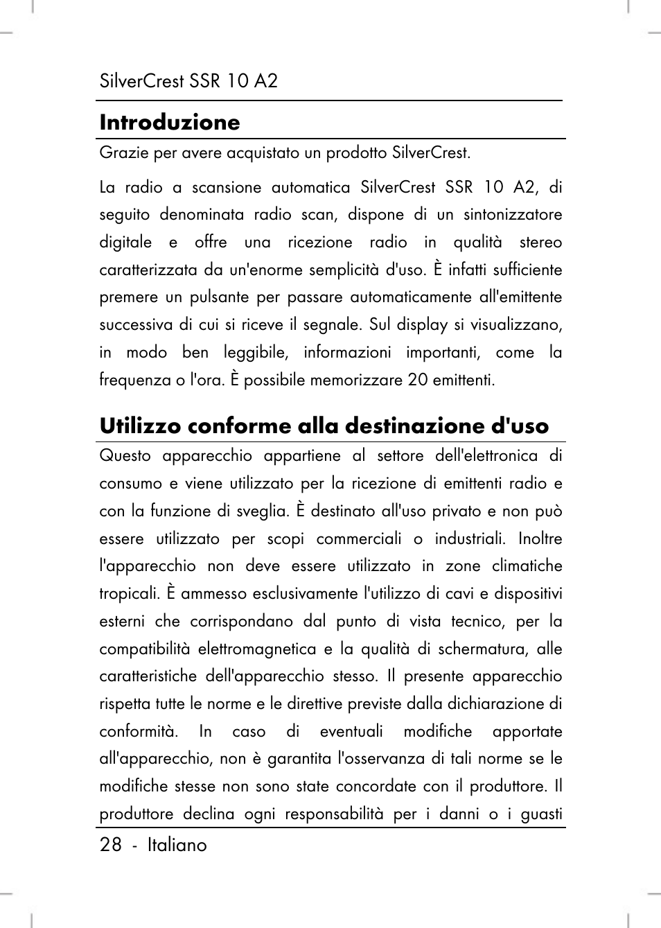 Introduzione, Utilizzo conforme alla destinazione d'uso | Silvercrest SSR 10 A2 User Manual | Page 30 / 80