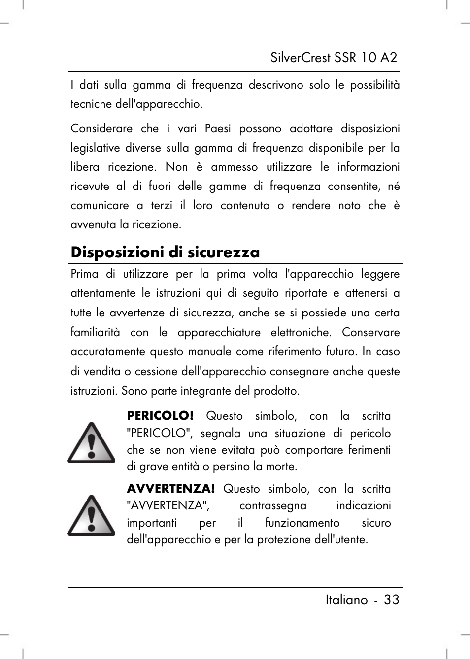 Disposizioni di sicurezza | Silvercrest SSR 10 A2 User Manual | Page 35 / 80