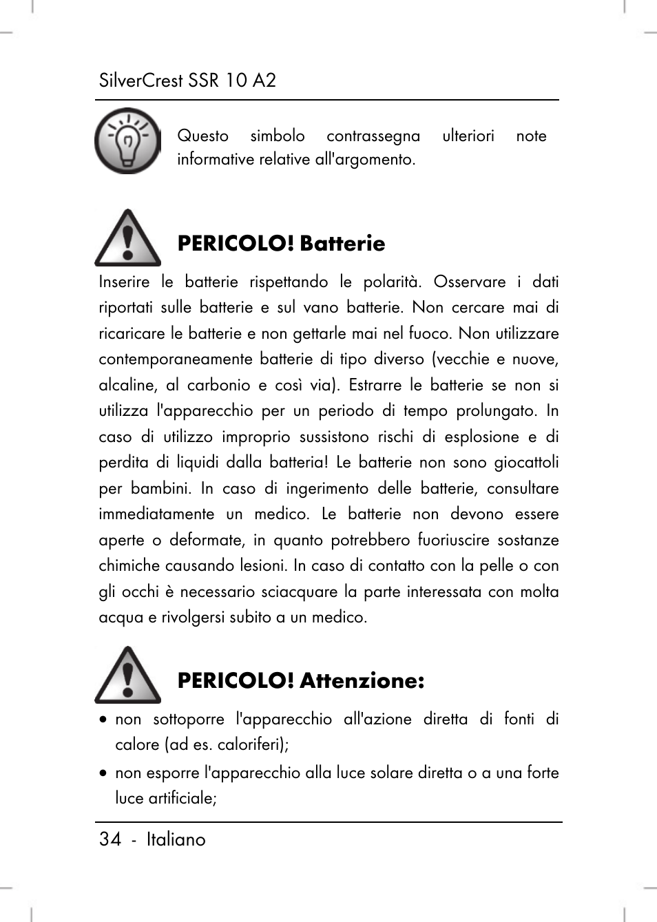 Pericolo, Batterie, Attenzione | Silvercrest SSR 10 A2 User Manual | Page 36 / 80