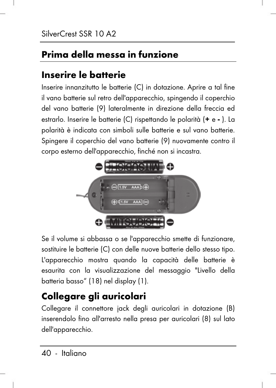 Prima della messa in funzione inserire le batterie, Collegare gli auricolari | Silvercrest SSR 10 A2 User Manual | Page 42 / 80