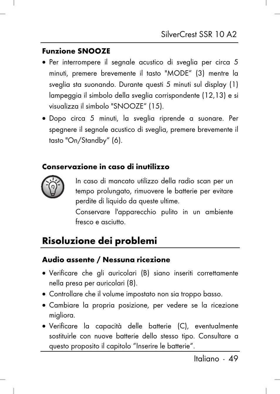 Risoluzione dei problemi | Silvercrest SSR 10 A2 User Manual | Page 51 / 80