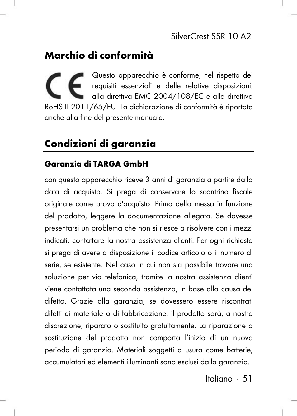 Marchio di conformità, Condizioni di garanzia | Silvercrest SSR 10 A2 User Manual | Page 53 / 80