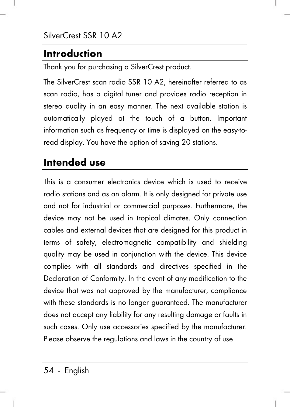 Introduction, Intended use | Silvercrest SSR 10 A2 User Manual | Page 56 / 80