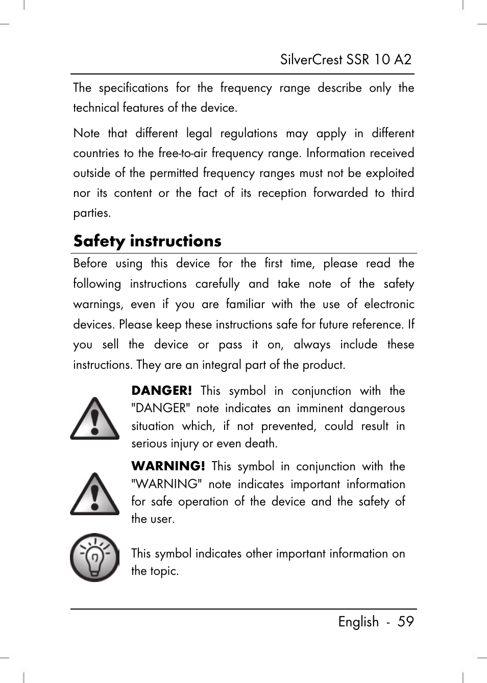 Safety instructions | Silvercrest SSR 10 A2 User Manual | Page 61 / 80