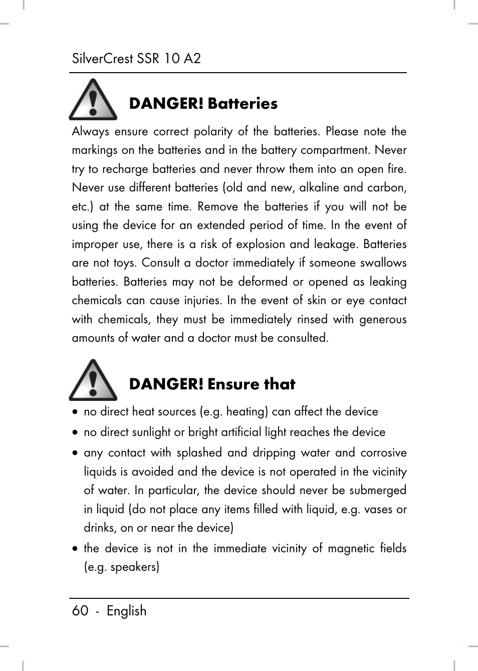 Danger, Batteries, Ensure that | Silvercrest SSR 10 A2 User Manual | Page 62 / 80