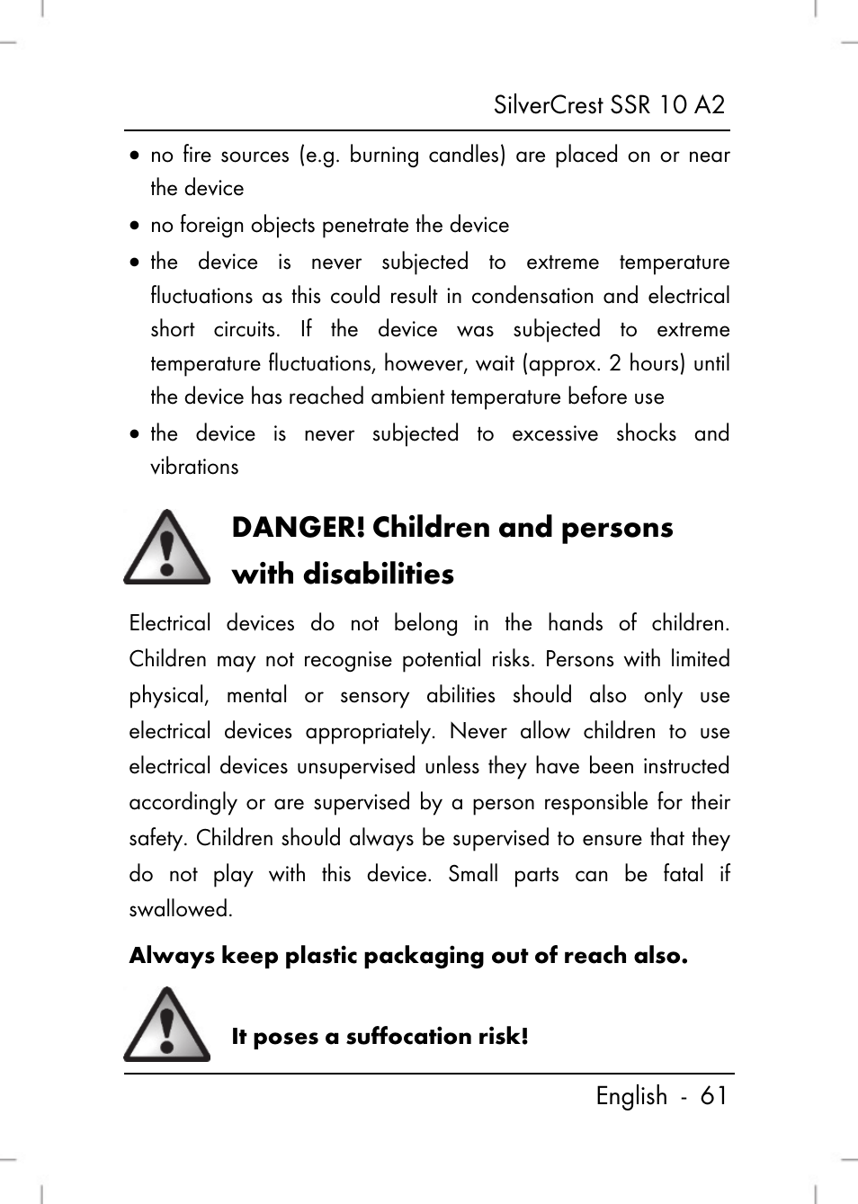 Danger, Children and persons with disabilities | Silvercrest SSR 10 A2 User Manual | Page 63 / 80