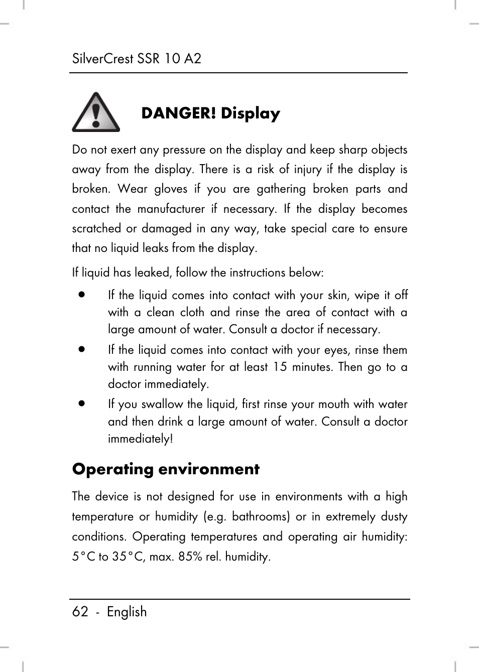 Danger, Display, Operating environment | Silvercrest SSR 10 A2 User Manual | Page 64 / 80