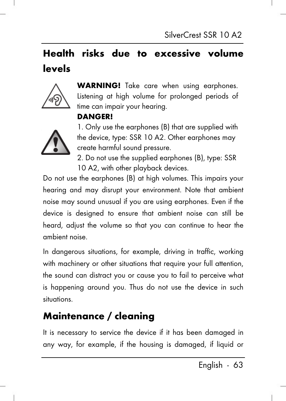 Health risks due to excessive volume levels, Maintenance / cleaning | Silvercrest SSR 10 A2 User Manual | Page 65 / 80