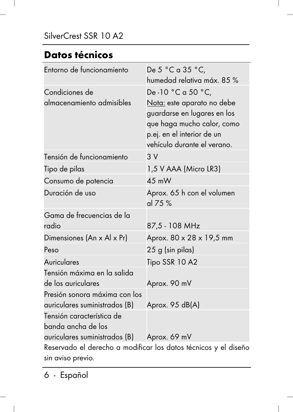 Datos técnicos, Silvercrest ssr 10 a2 6 - español | Silvercrest SSR 10 A2 User Manual | Page 8 / 80