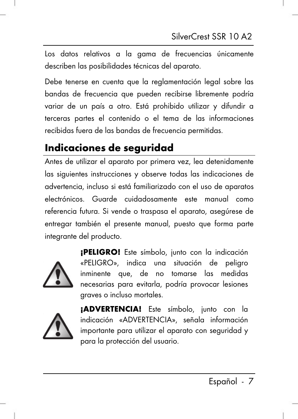 Indicaciones de seguridad | Silvercrest SSR 10 A2 User Manual | Page 9 / 80