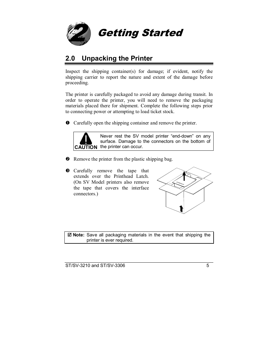Getting started, 0 unpacking the printer | Datamax S-Class SV-3210 User Manual | Page 15 / 84
