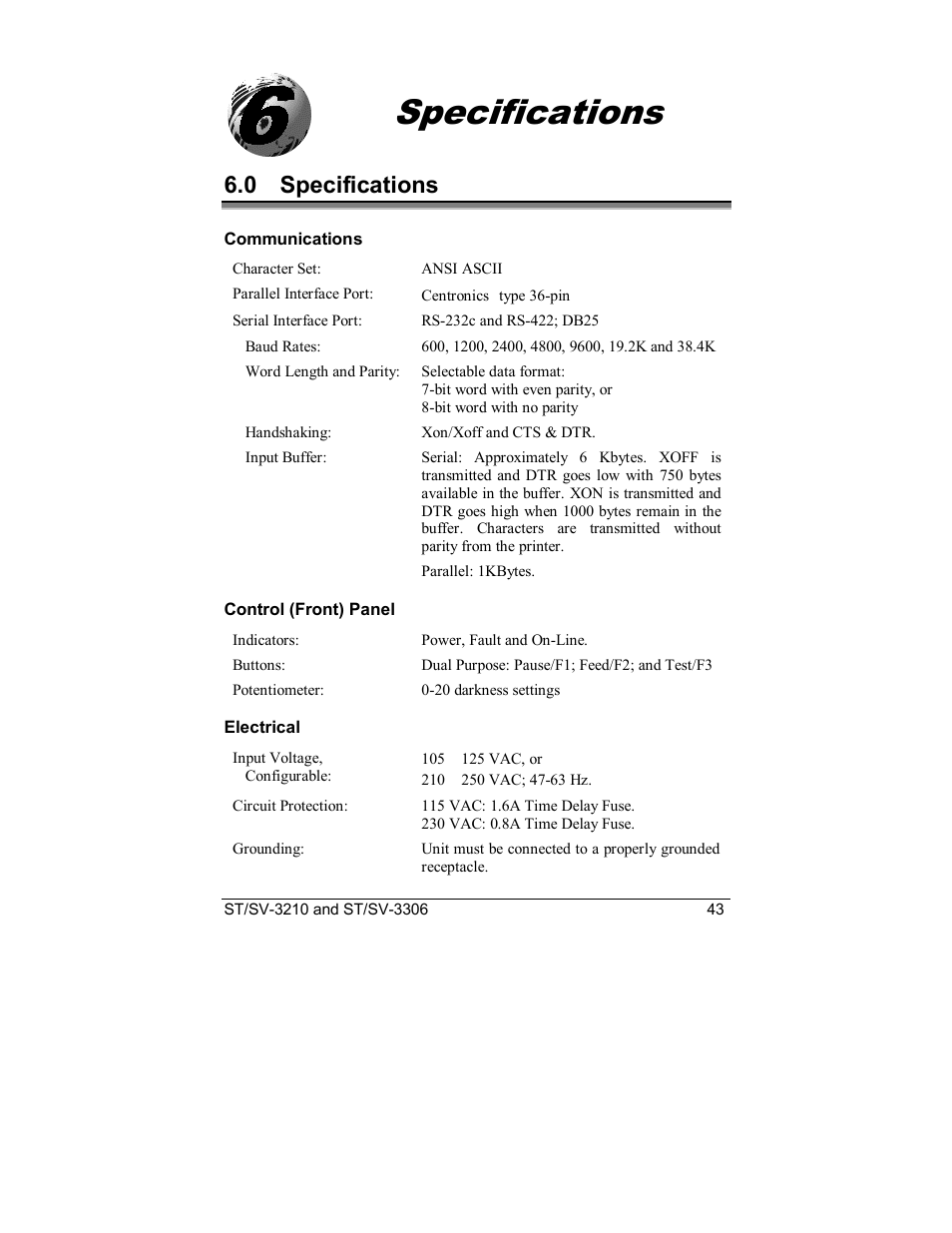 Specifications, 0 specifications | Datamax S-Class SV-3210 User Manual | Page 53 / 84