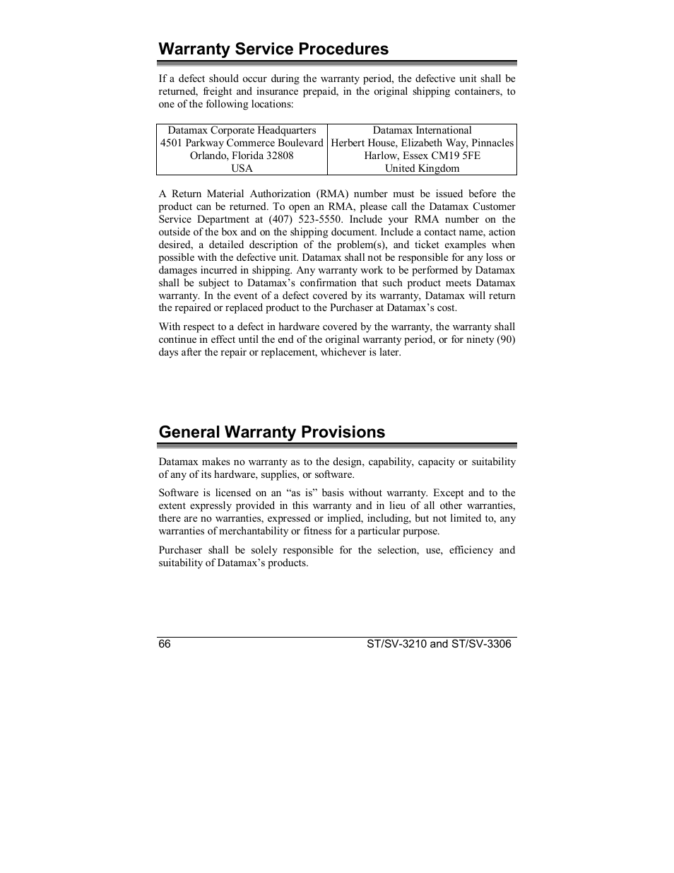 Warranty service procedures, General warranty provisions | Datamax S-Class SV-3210 User Manual | Page 76 / 84