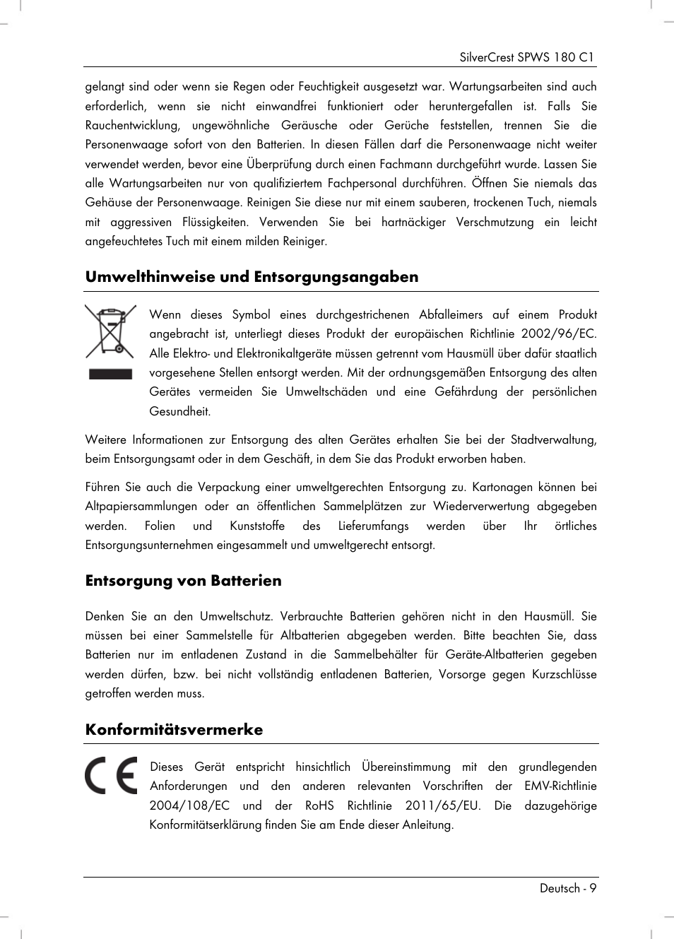 Umwelthinweise und entsorgungsangaben, Entsorgung von batterien, Konformitätsvermerke | Silvercrest SPWS 180 C1 User Manual | Page 11 / 44