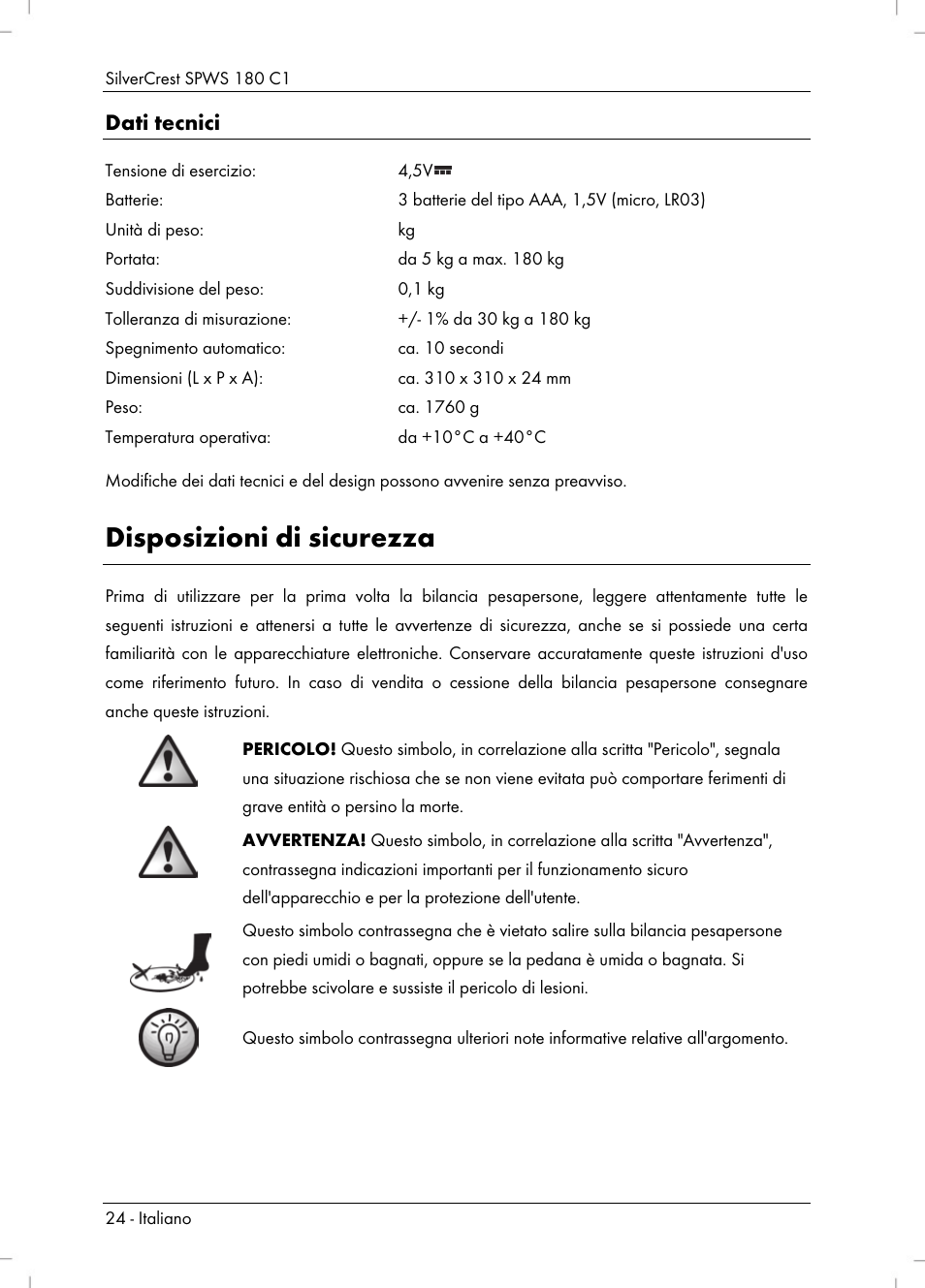 Disposizioni di sicurezza, Dati tecnici | Silvercrest SPWS 180 C1 User Manual | Page 26 / 44