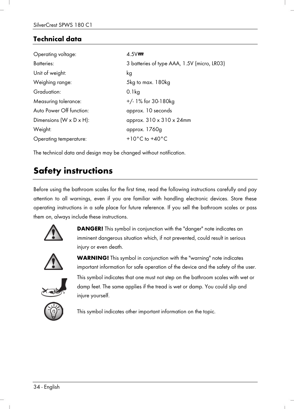 Safety instructions, Technical data | Silvercrest SPWS 180 C1 User Manual | Page 36 / 44