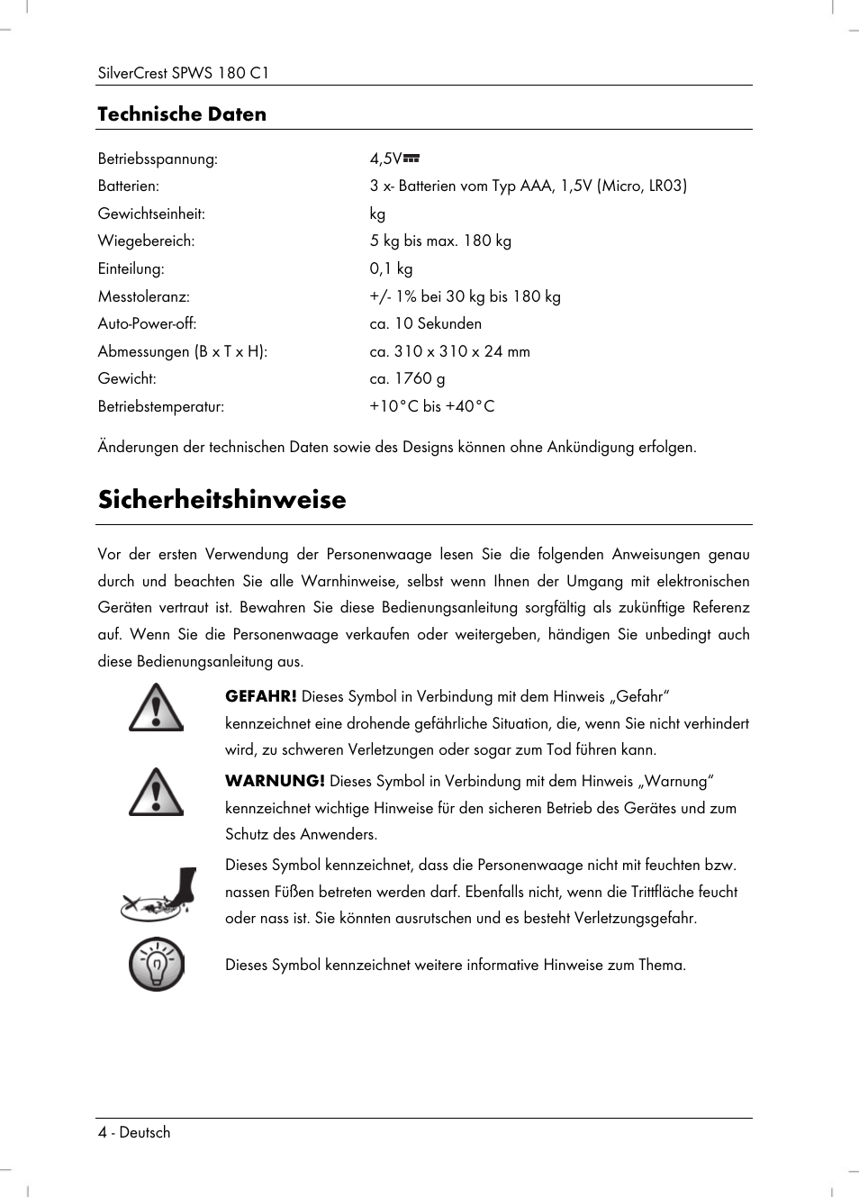 Sicherheitshinweise, Technische daten | Silvercrest SPWS 180 C1 User Manual | Page 6 / 44
