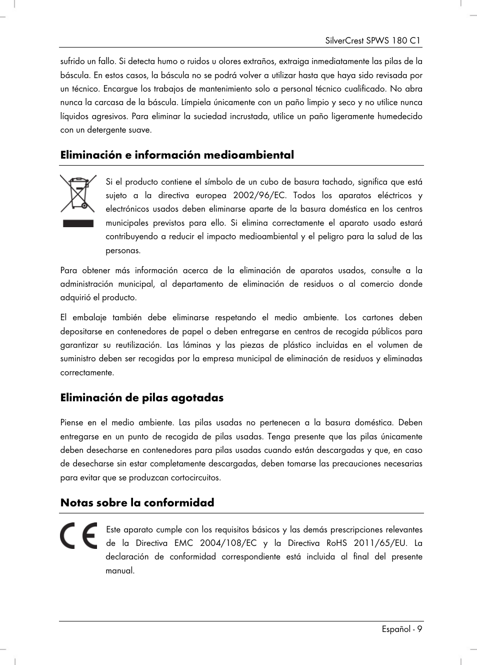 Eliminación e información medioambiental, Eliminación de pilas agotadas, Notas sobre la conformidad | Silvercrest SPWS 180 C1 User Manual | Page 11 / 54