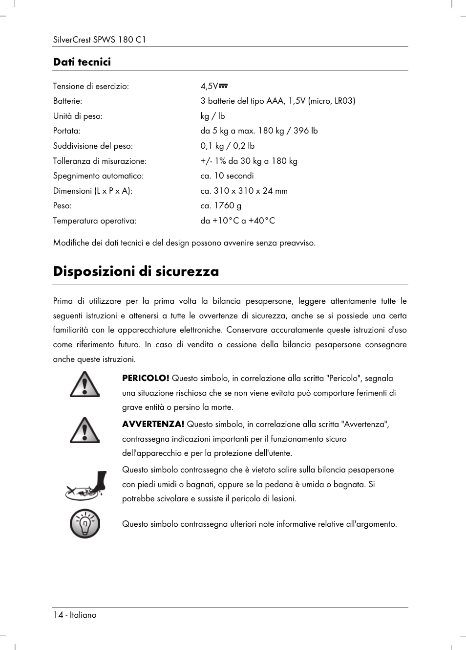 Disposizioni di sicurezza, Dati tecnici | Silvercrest SPWS 180 C1 User Manual | Page 16 / 54