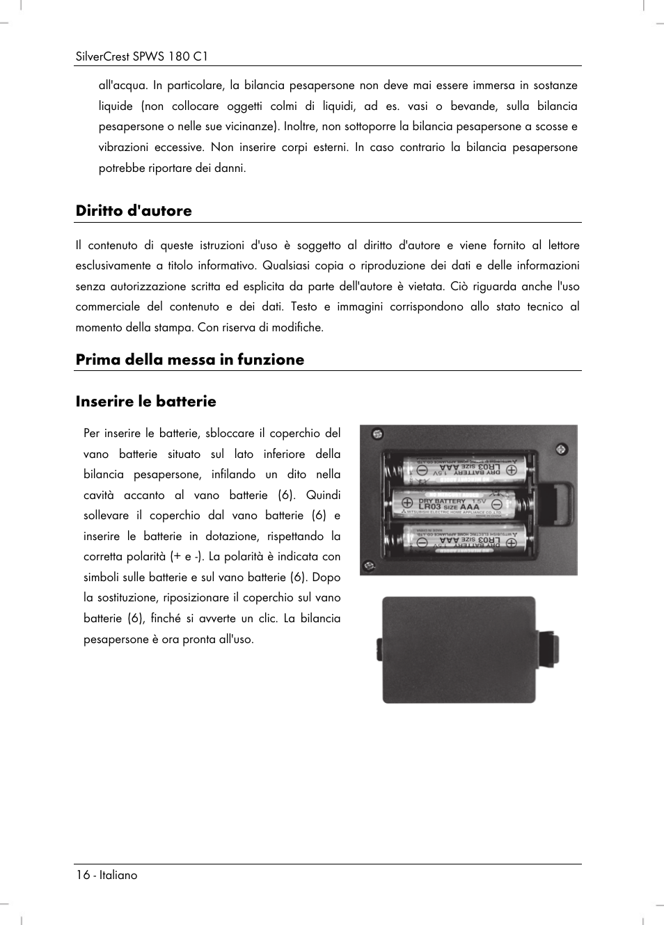 Diritto d'autore, Prima della messa in funzione inserire le batterie | Silvercrest SPWS 180 C1 User Manual | Page 18 / 54