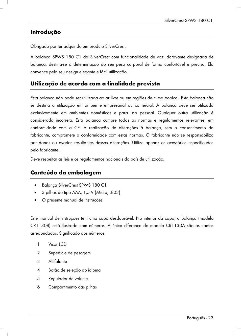 Introdução, Utilização de acordo com a finalidade prevista, Conteúdo da embalagem | Silvercrest SPWS 180 C1 User Manual | Page 25 / 54