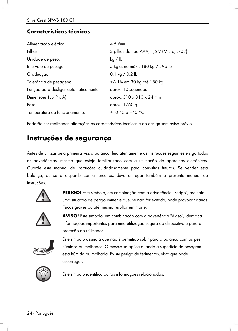 Instruções de segurança, Características técnicas | Silvercrest SPWS 180 C1 User Manual | Page 26 / 54