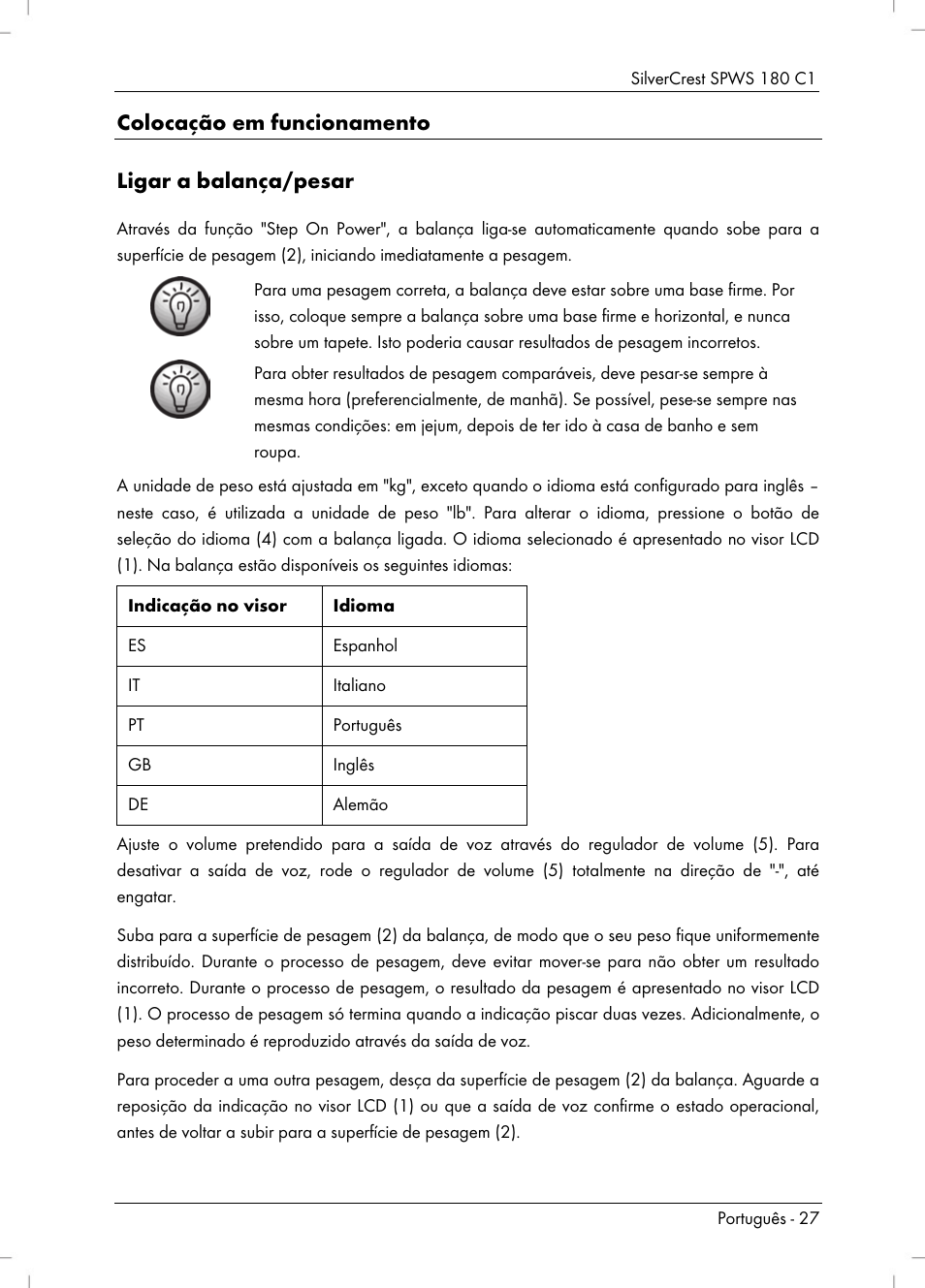 Colocação em funcionamento ligar a balança/pesar | Silvercrest SPWS 180 C1 User Manual | Page 29 / 54