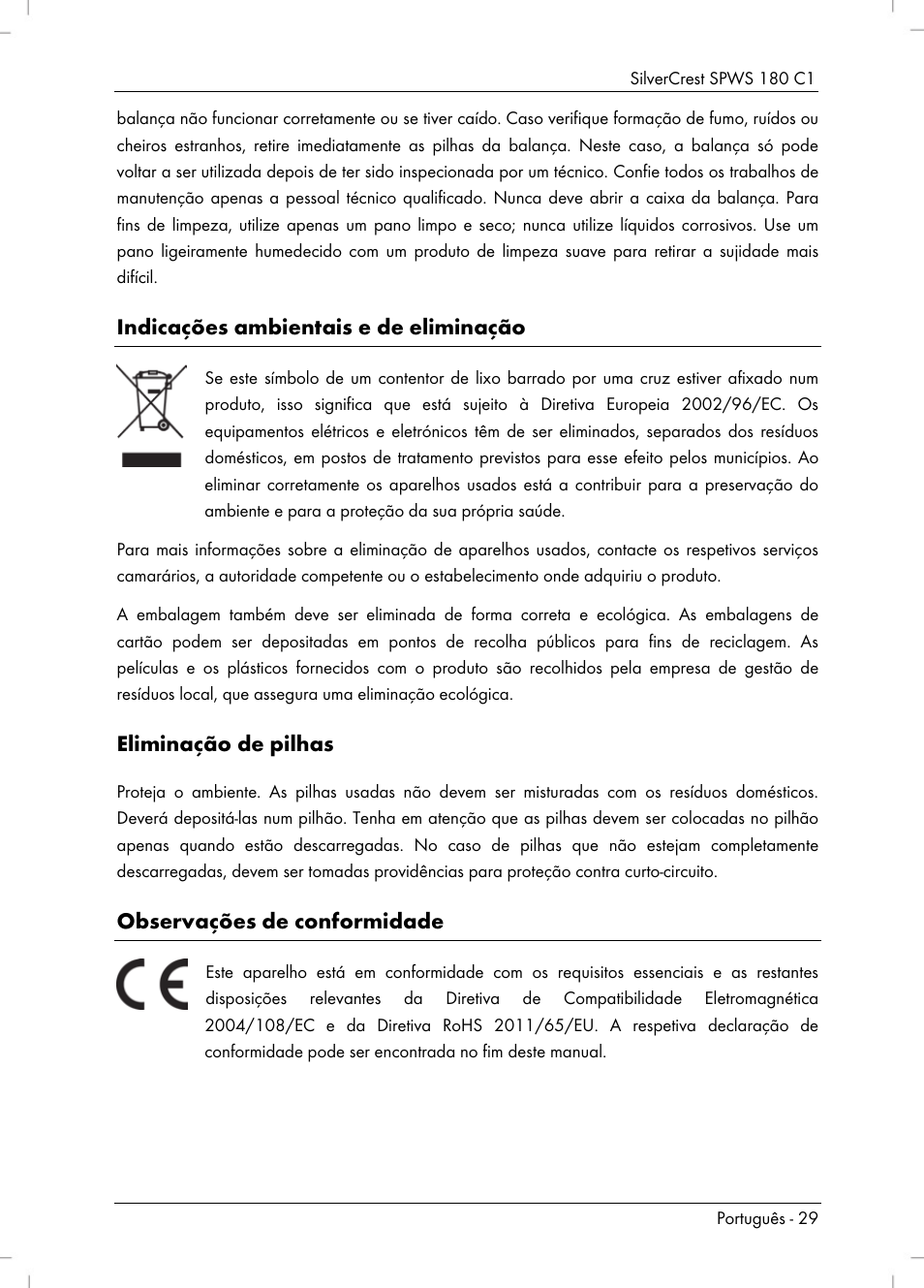 Indicações ambientais e de eliminação, Eliminação de pilhas, Observações de conformidade | Silvercrest SPWS 180 C1 User Manual | Page 31 / 54