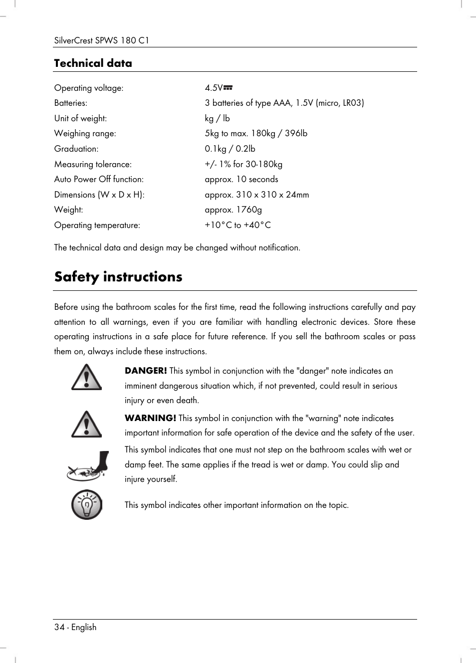 Safety instructions, Technical data | Silvercrest SPWS 180 C1 User Manual | Page 36 / 54