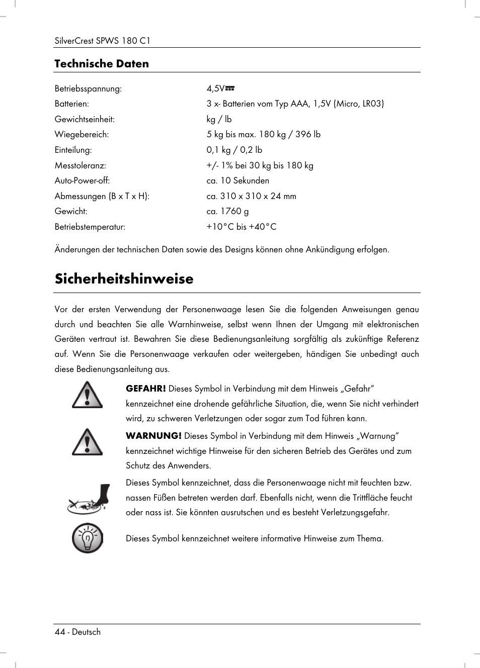 Sicherheitshinweise, Technische daten | Silvercrest SPWS 180 C1 User Manual | Page 46 / 54