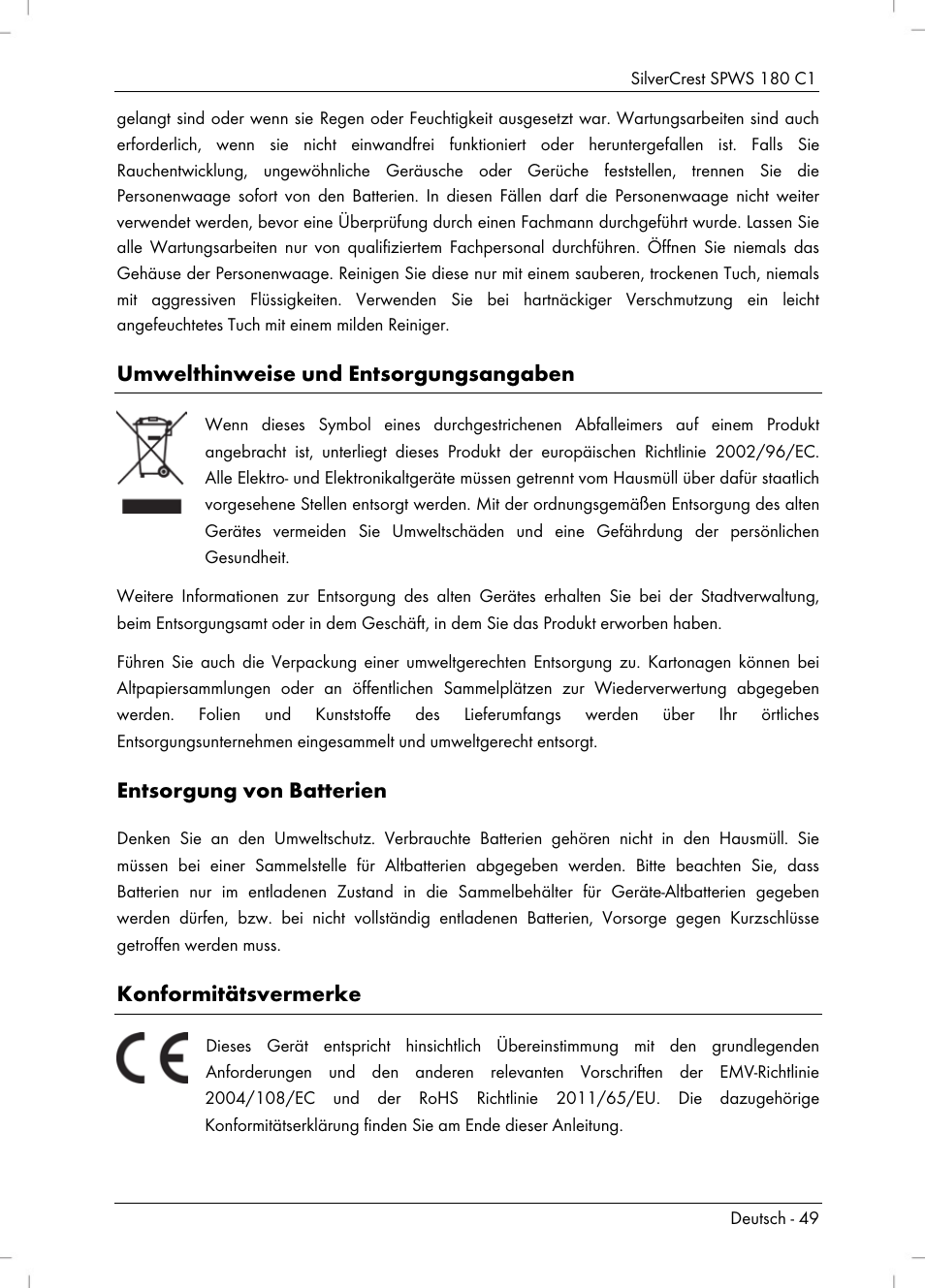 Umwelthinweise und entsorgungsangaben, Entsorgung von batterien, Konformitätsvermerke | Silvercrest SPWS 180 C1 User Manual | Page 51 / 54