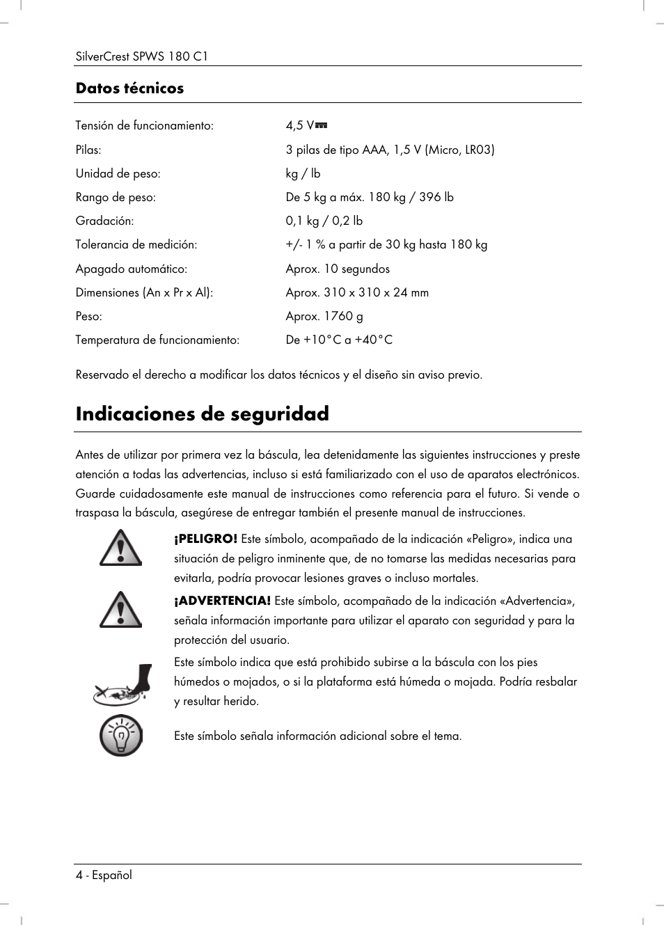 Indicaciones de seguridad, Datos técnicos | Silvercrest SPWS 180 C1 User Manual | Page 6 / 54