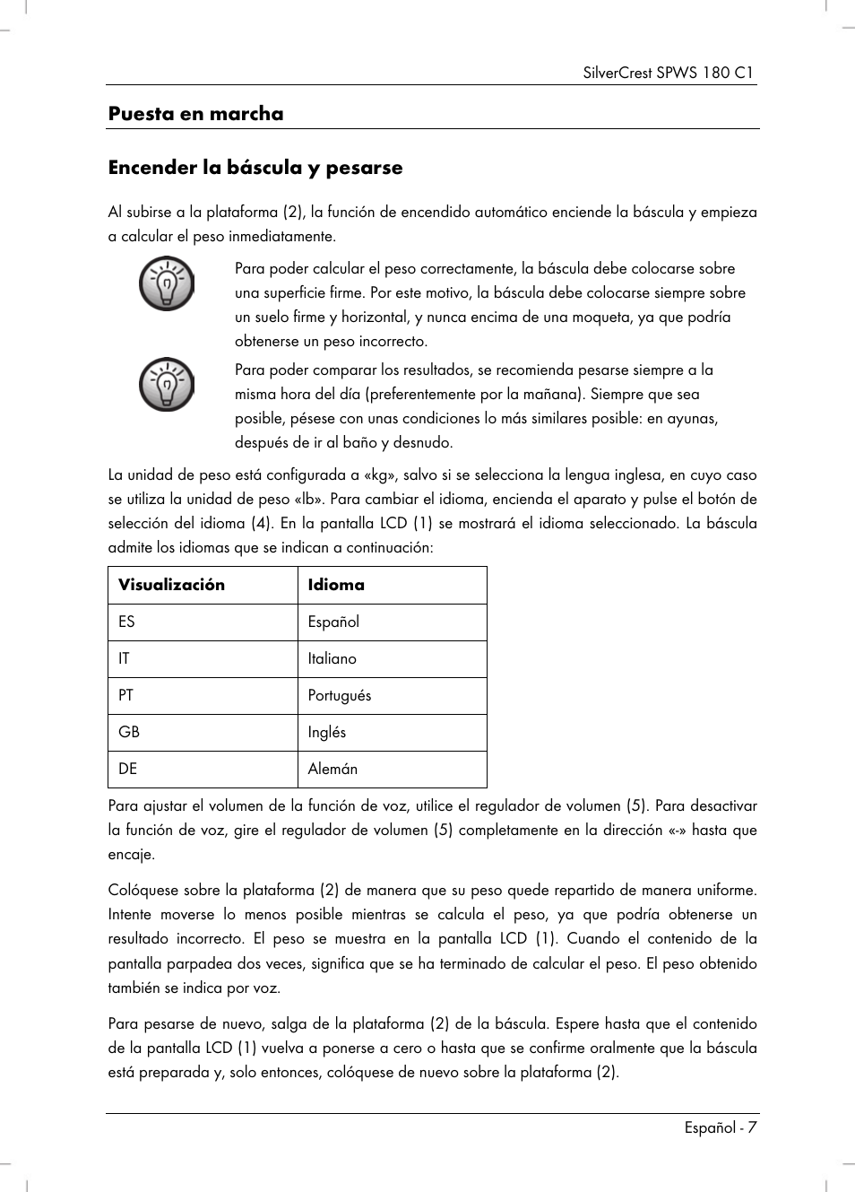 Puesta en marcha encender la báscula y pesarse | Silvercrest SPWS 180 C1 User Manual | Page 9 / 54